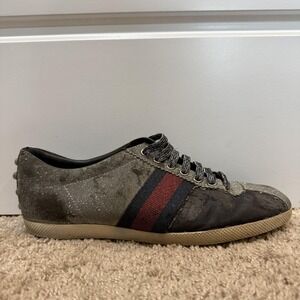Gucci Ace Shoes Womens Size 7.5 Gray Glitter Web Stripe Studded Sneakers Italy